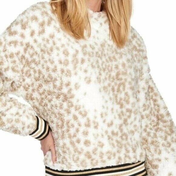 NANETTE Lepore Size Large Pullover Sweater Snow Leopard Fleece Plush Ted… - Picture 1 of 12